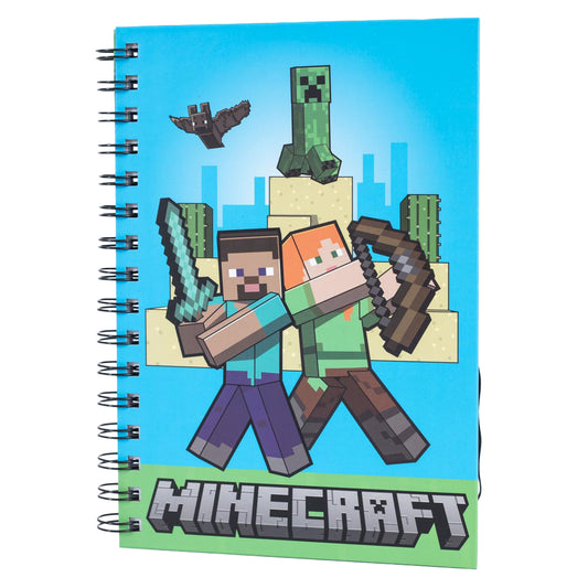 Spiral bound hardback A5 notebook, Featuring Minecraft characters on the front cover with Minecraft branding on the inside cover