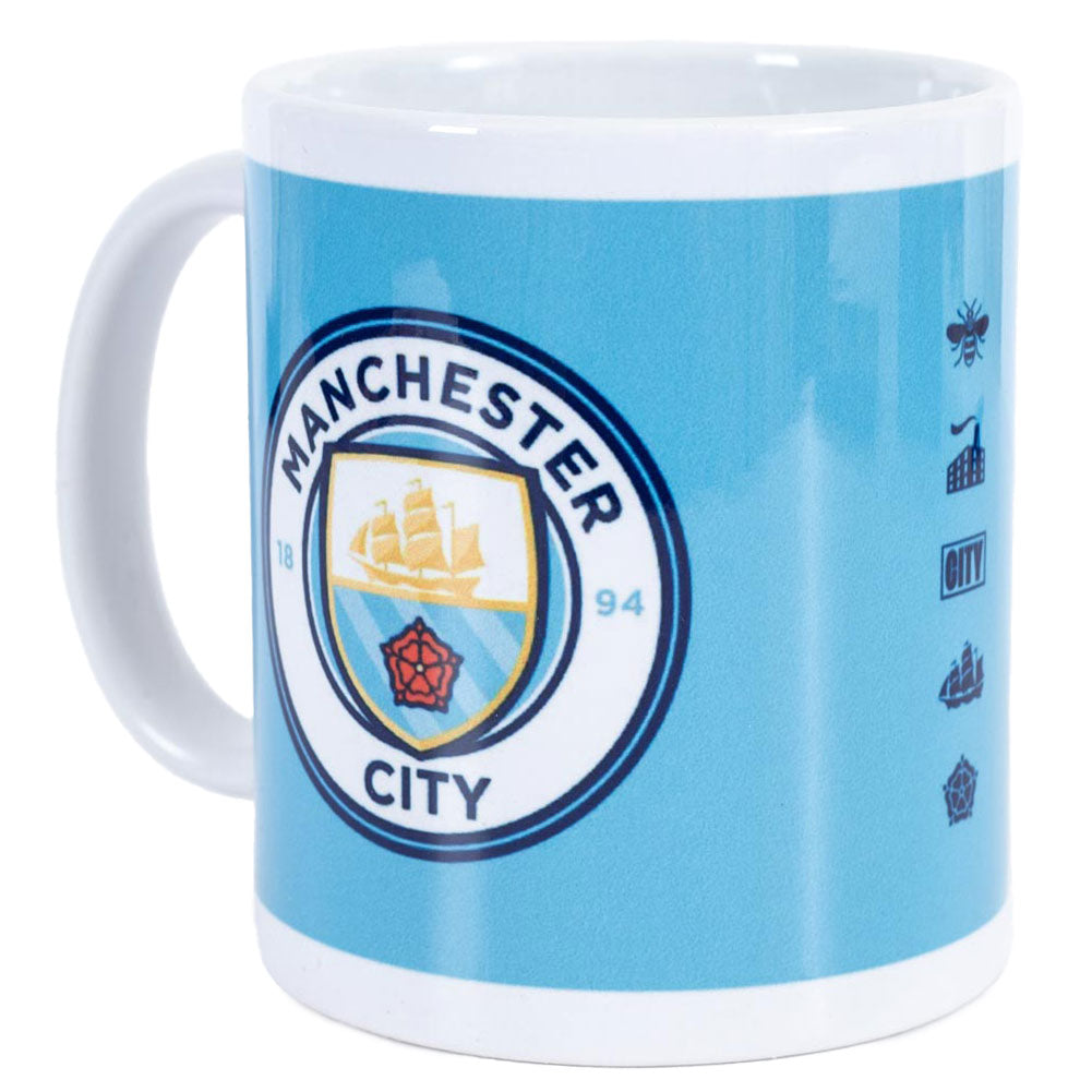 Ceramic everyday coffee mug, Sky blue mug featuring several crest designs in various sizes around the mug