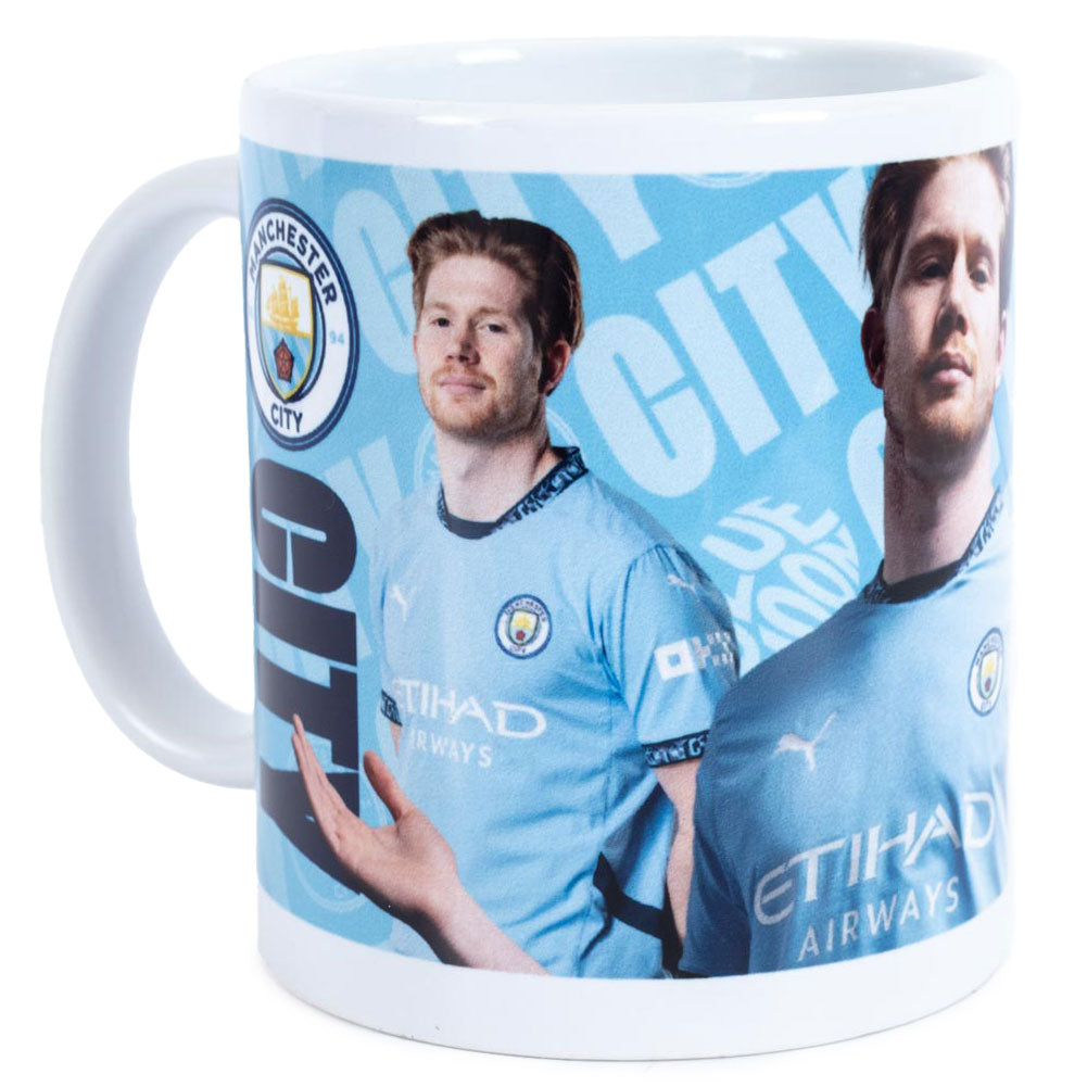 Ceramic everyday coffee mug, Blue and white mug featuring images of Kevin De Bruyne with a City crest and text
