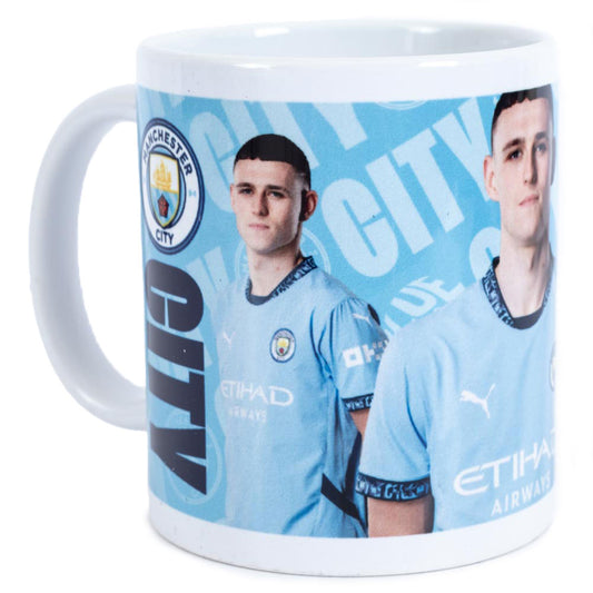 Ceramic everyday coffee mug, Blue and white mug featuring images of Phil Foden with a City crest and text