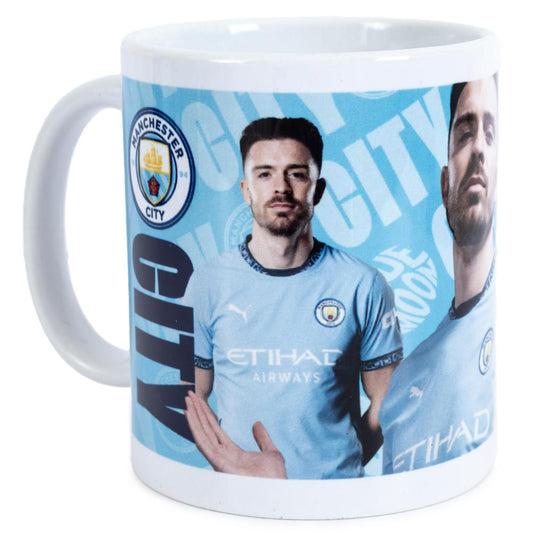 Ceramic everyday coffee mug, Blue and white mug featuring images of Jack Grealish with a City crest and text