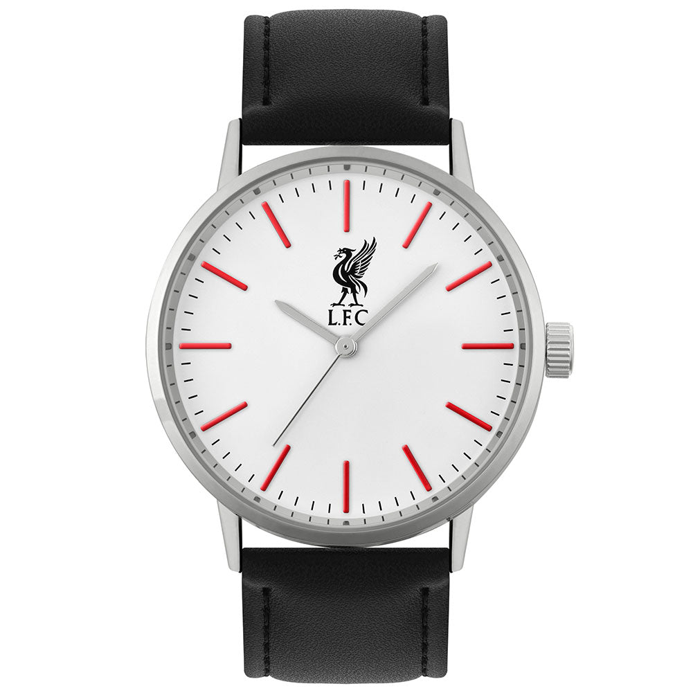 Classic mens white watch with a silver casing and a faux leather black strap