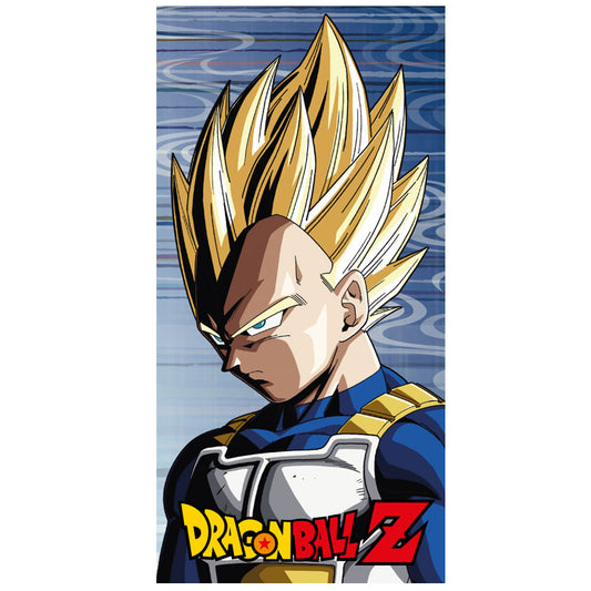 Large soft to touch velour beach towel, Blue towel featuring a large image of Saiyan Vegeta in the middle