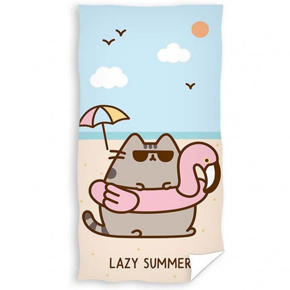 Large soft to touch velour beach towel, Beach themed towel featuring Pusheen looking cool with a flamingo
