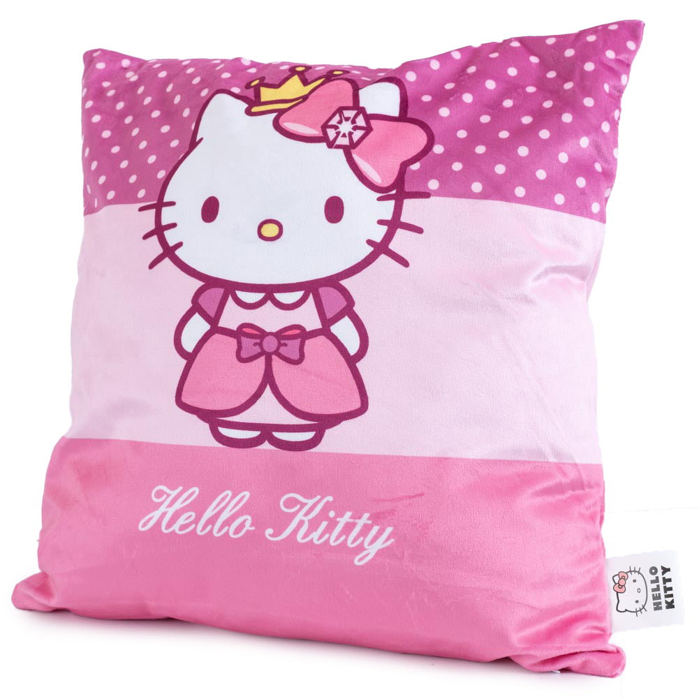 Pretty pink, soft and velvety cushion featuring Hello Kitty wearing her princess crown, Design repeated on the reverse