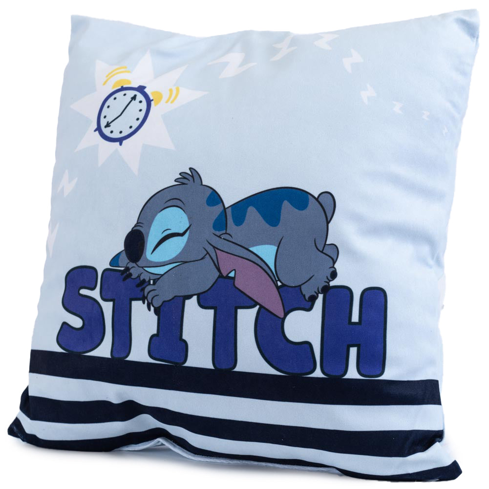 Sky blue, soft and velvety cushion featuring Stich and 'Whatever' text, With a sleepy Stitch on the reverse