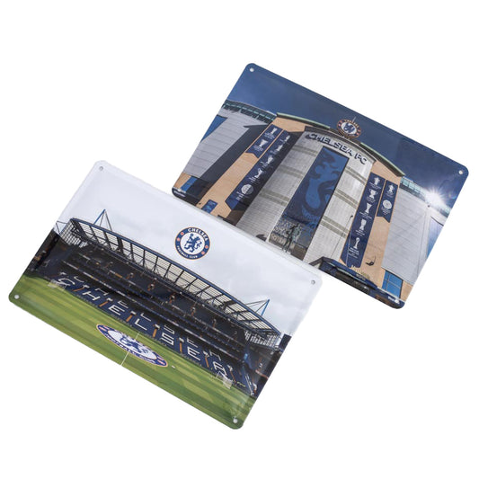 Pair of metal stadium photo signs both including a full colour Chelsea crest