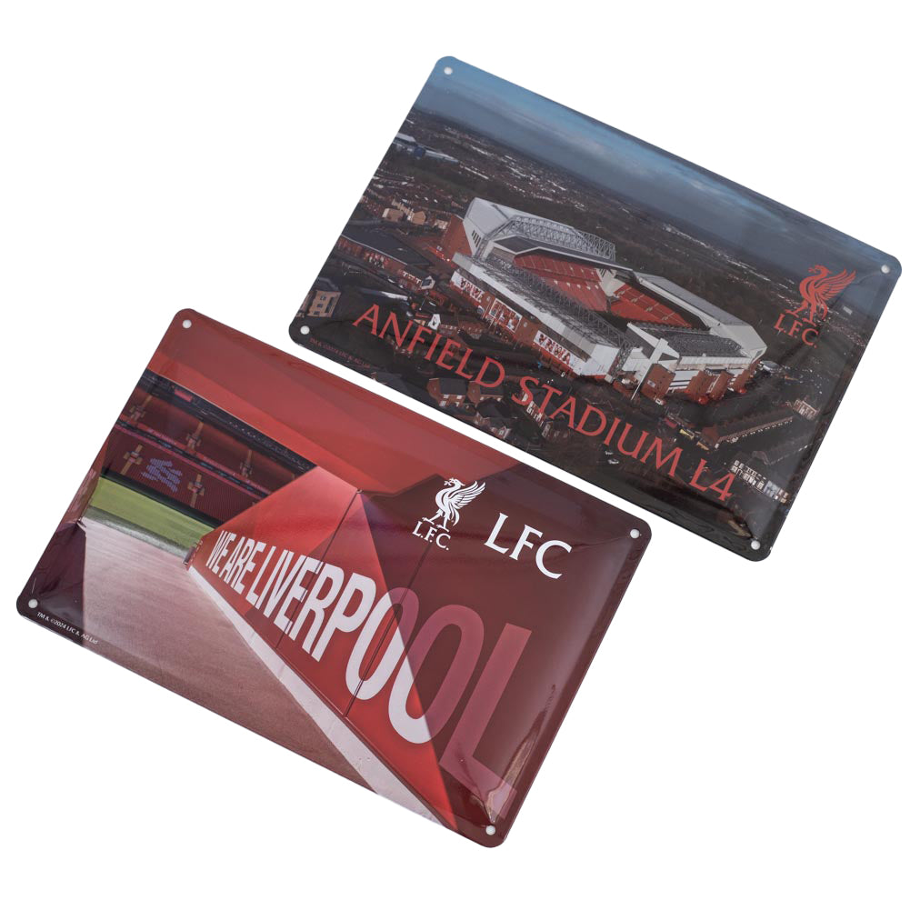 Pair of metal stadium photo signs both including a an LFC Liverbird crest