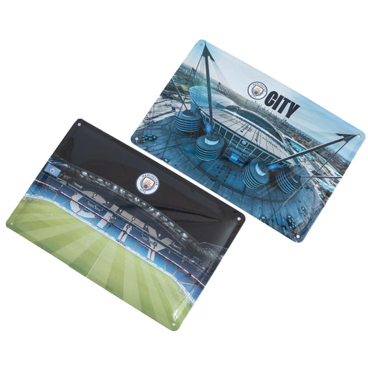 Pair of metal stadium photo signs both including a full colour Man City crest