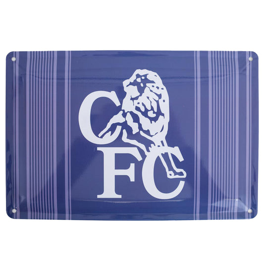 Blue metal tin sign featuring a retro Chelsea crest in the centre