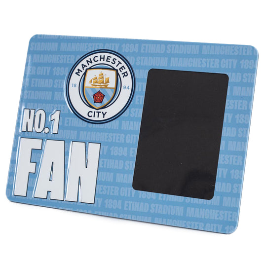 Sturdy metal photo frame sign featuring the Man City crest and NO.1 FAN in bold white text