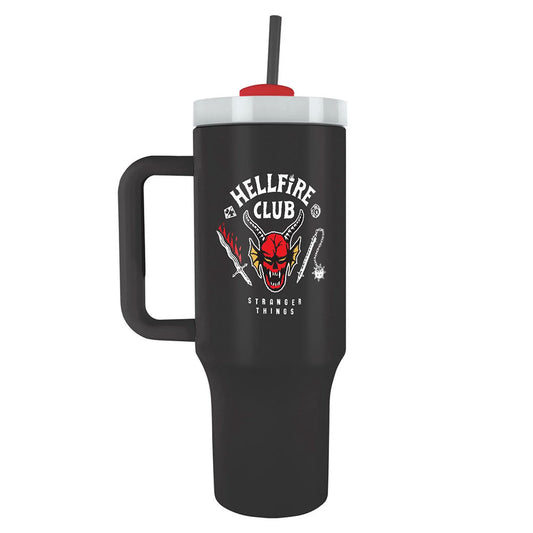 Sleek black 40oz thermal mug, with a vibrant Hell Fire Club crest in two positions