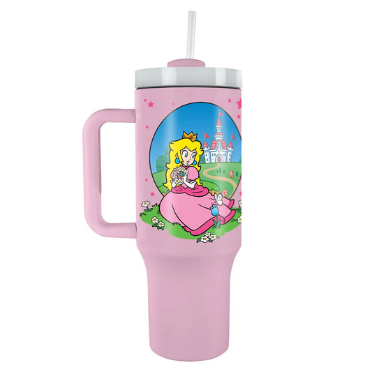 Pretty pink Princess Peach themed 40oz thermal mug, perfect for fans of the classic Nintendo franchise