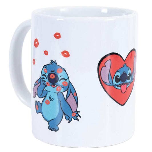 Ceramic everyday coffee mug, Features several images of Stitch with love hearts surrounding him