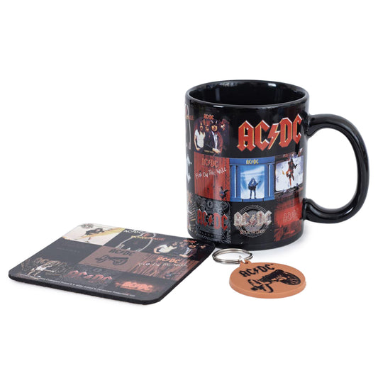 Giftset containing a ceramic everyday coffee mug plus a coaster and keychain