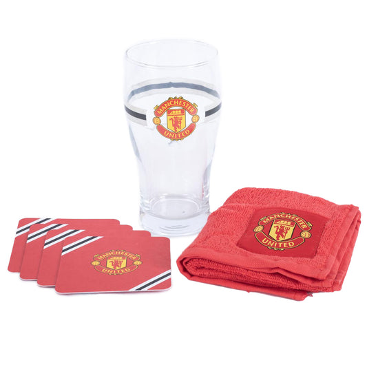 Mini bar set with tulip style pint glass featuring a core stripe design and club crest crest, Includes red bar towel with a full colour club crest