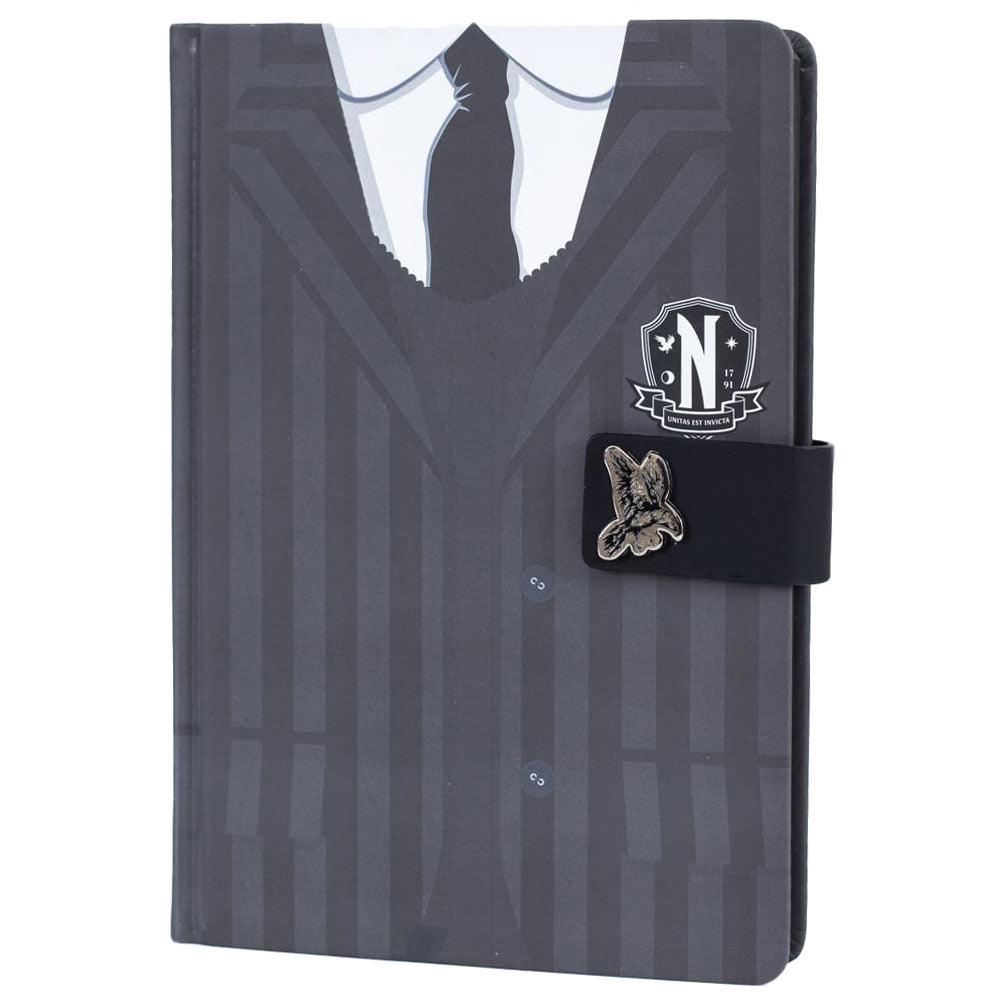 Hardback A5 notebook with a faux leather clasp, Nevermore Academy design with classic black and white branding