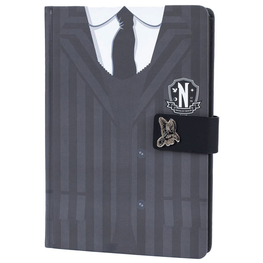 Hardback A5 notebook with a faux leather clasp, Nevermore Academy design with classic black and white branding