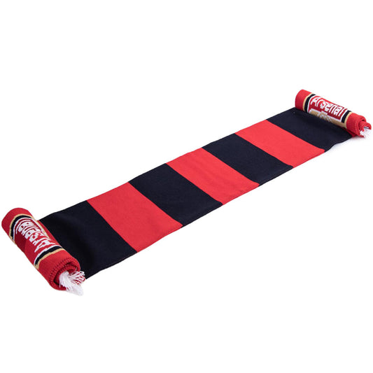 Red and navy bar stripe jacquard knit scarf with a white fringe