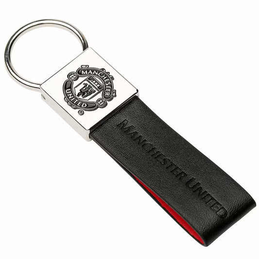 Black faux leather key strap with debossed Manchester United text, Die stamped design with black Manchester United crest