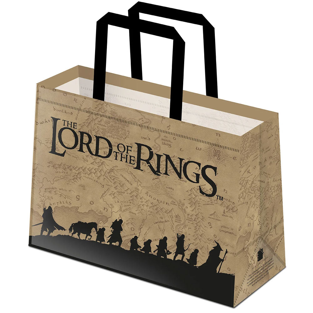 Cream and black reusable shopping bag featuring a silhouette of the Fellowship on a mad of Middle Earth