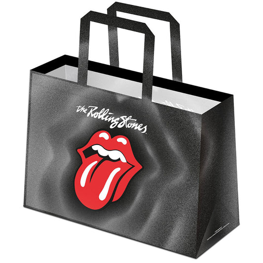 Black reusable shopping bag featuring the iconic Rolling Stones tongue image on both sides