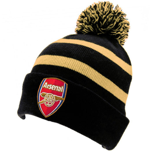 Black cuff knit beanie bobble hat with gold stripe detail