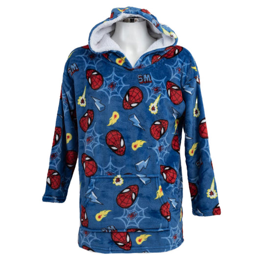 Luxury blue poncho, featuring a multi Spider-man design and hood to keep you extra cosy