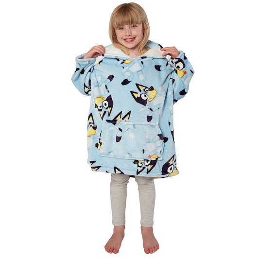 Luxury baby blue fleece hooded poncho featuring multiple images of Bluey is various poses, with a useful front pocket for both hands