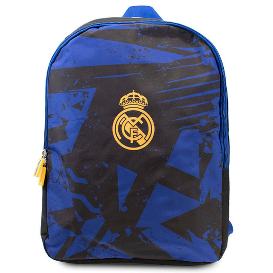 Black fragment design backpack featuring a gold Real Madrid crest on the front