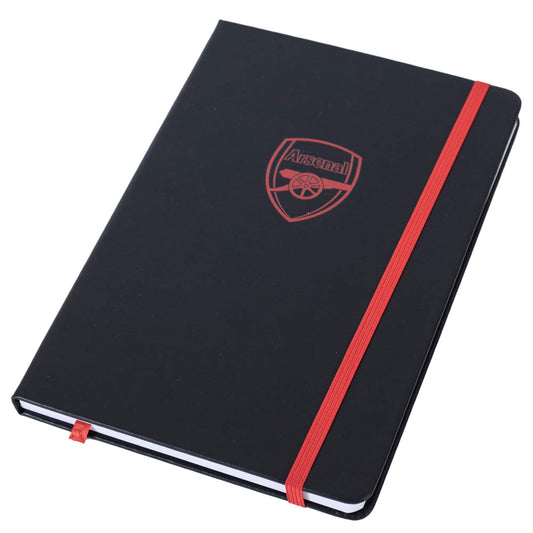 Premium black faux leather hardback notebook with a red embossed Arsenal crest