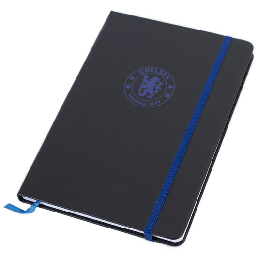 Premium black faux leather hardback notebook with a royal blue embossed Chelsea Crest