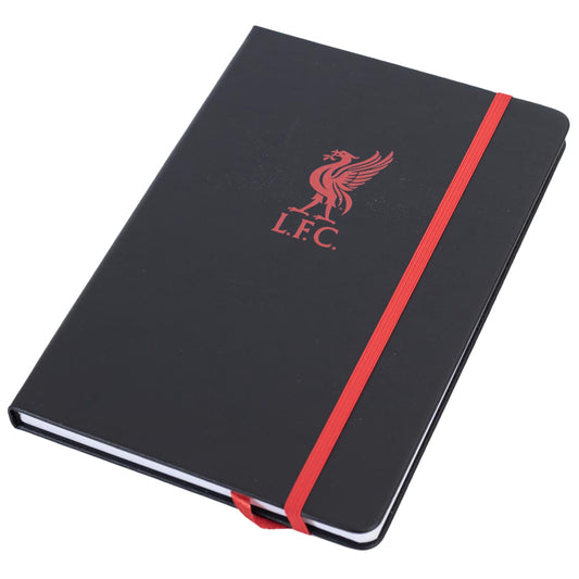 Premium black faux leather hardback notebook with a vibrant red embossed Liverbird Crest