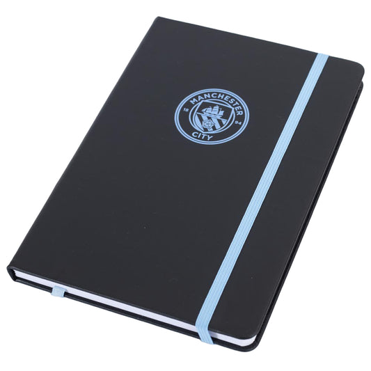 Premium black faux leather hardback notebook with a sky blue embossed Man City Crest