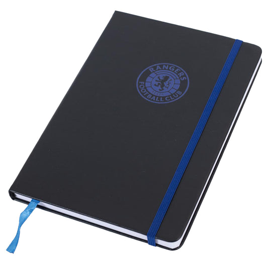 Premium black faux leather hardback notebook with a royal blue embossed Rangers Crest