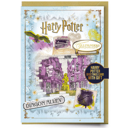 Matt finish Christmas Card featuring Diagon Alley with Hedwig flying by
