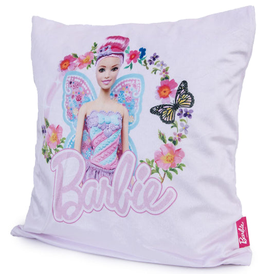 Pastel coloured cusion with a soft velvety feel, featuring an image of Princess Barbie surrounded by butterflies and flowers