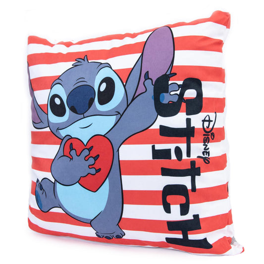Red and white striped cushion, with a large image of Stitch holding a heart on the front