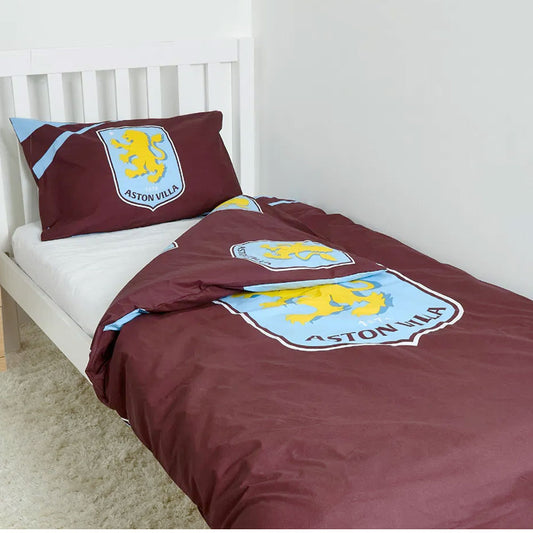 Vibrant claret and blue reversible duvet cover with a large Villa crest
