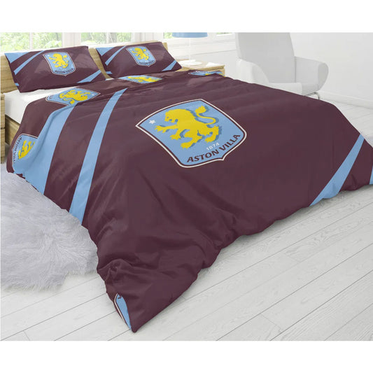 Vibrant claret and blue reversible duvet cover with a large Villa crest