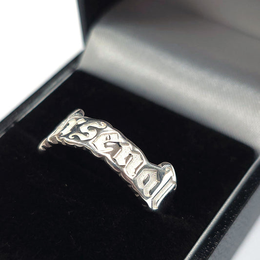 Sterling silver gothic text design ring