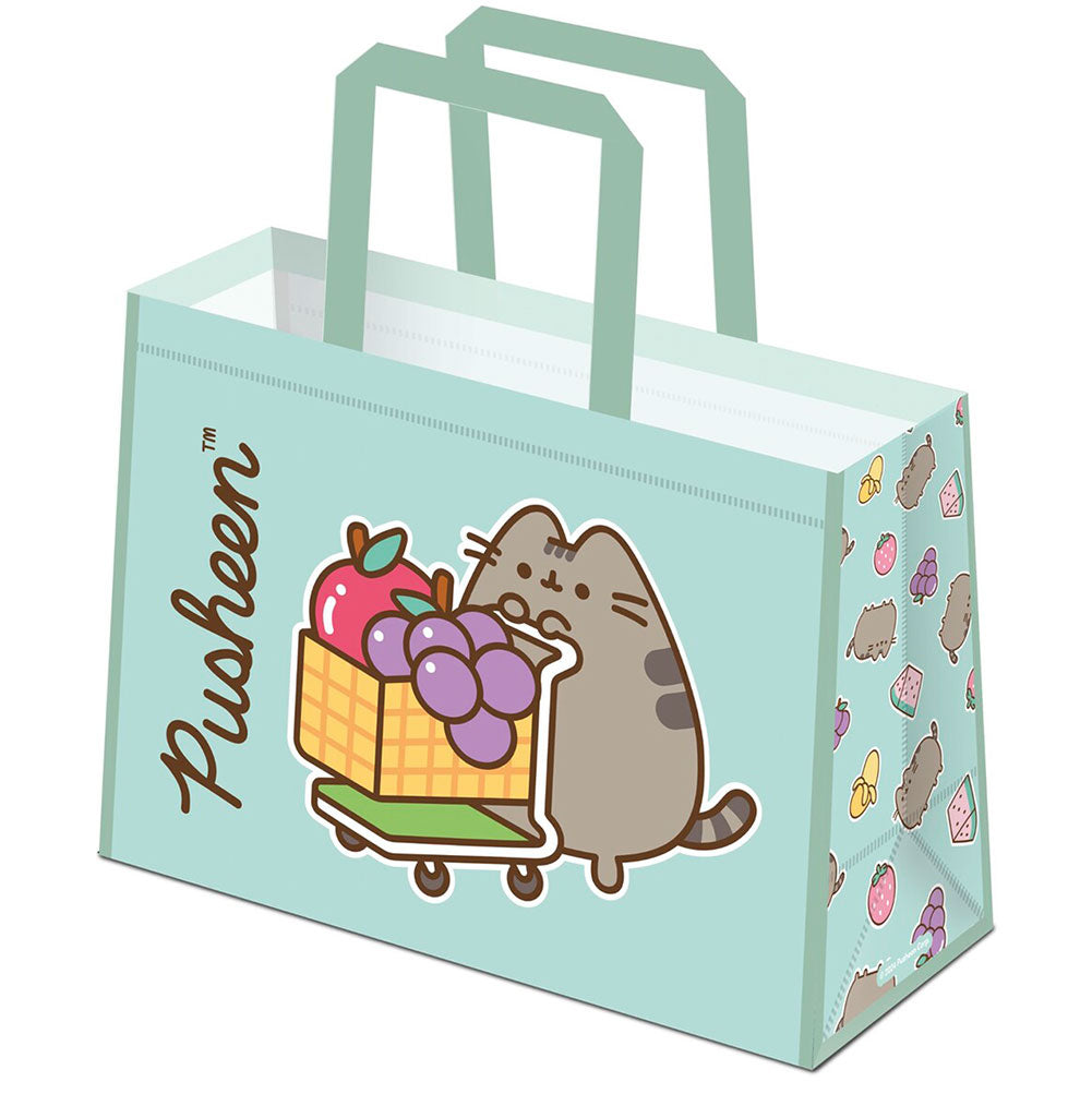 Mint green reusable shopping bag featuring Pusheen pushing a shopping trolley on both sides