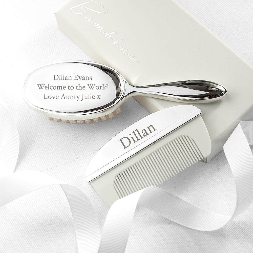 Silver Plated Baby comb and brush personalised with a name and message By Sweetlea Gifts