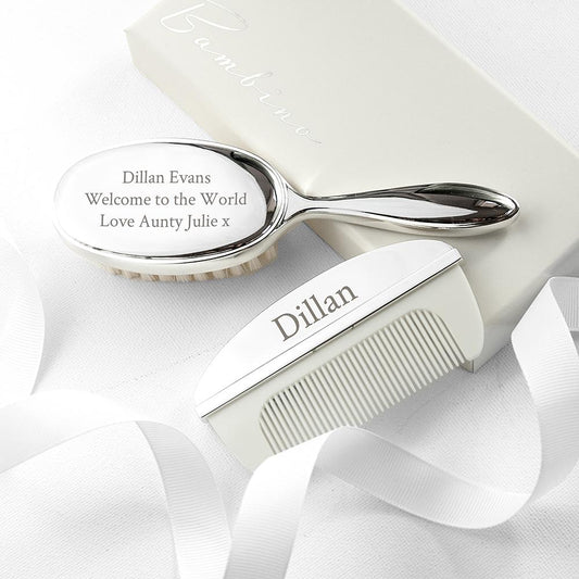 Silver Plated Baby comb and brush personalised with a name and message By Sweetlea Gifts