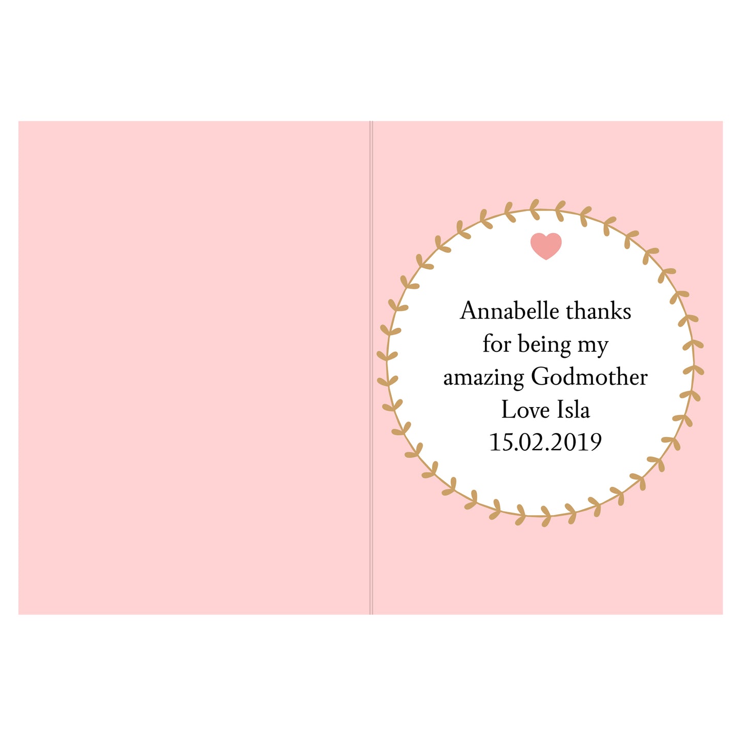Displaying personalised text inside best godmother ever card By Sweetlea Gifts