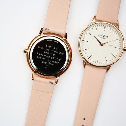 Ladies engraved watch with light pink leather strap, gold detailing and white face By Sweetlea Gifts