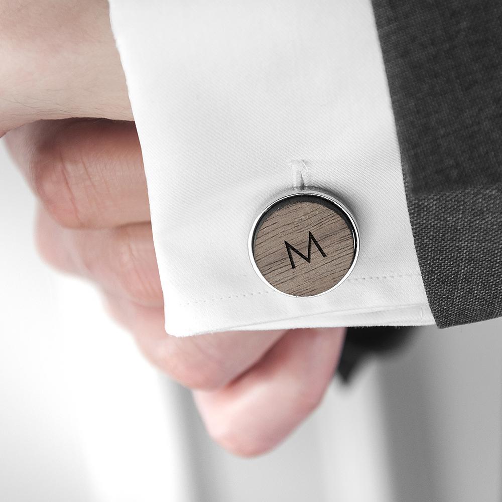 Monogram Engraved Round Walnut Cufflinks-Personalised Gift By Sweetlea Gifts