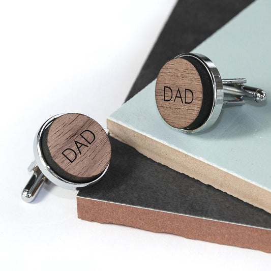 Monogram Engraved Round Walnut Cufflinks-Personalised Gift By Sweetlea Gifts