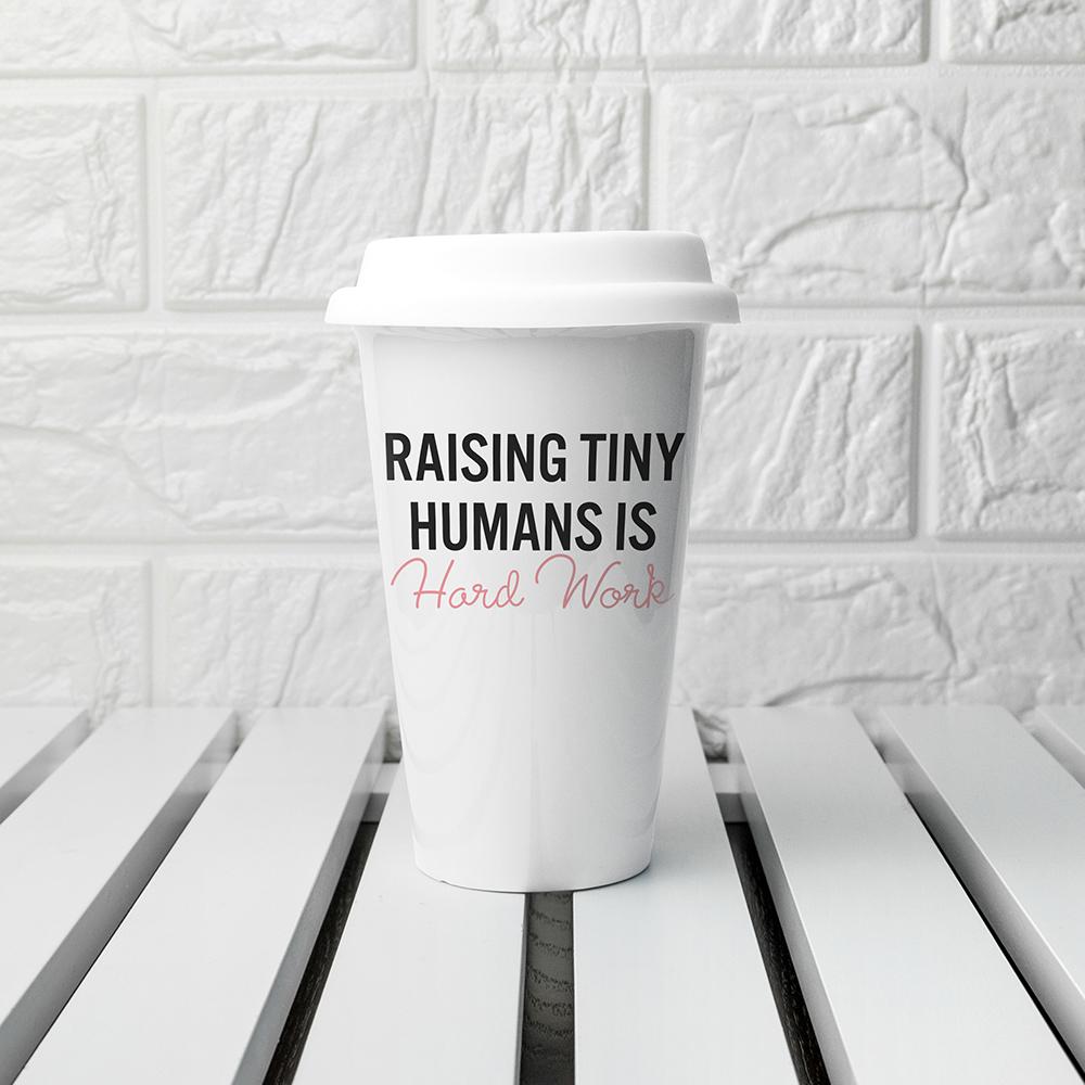Novelty 'Raising Tiny Humans' Ceramic Travel Mug-Personalised Gift By Sweetlea Gifts