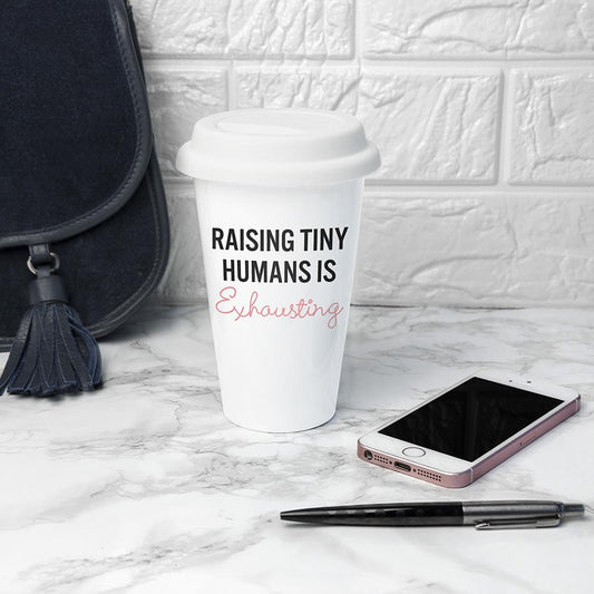 Novelty 'Raising Tiny Humans' Ceramic Travel Mug-Personalised Gift By Sweetlea Gifts